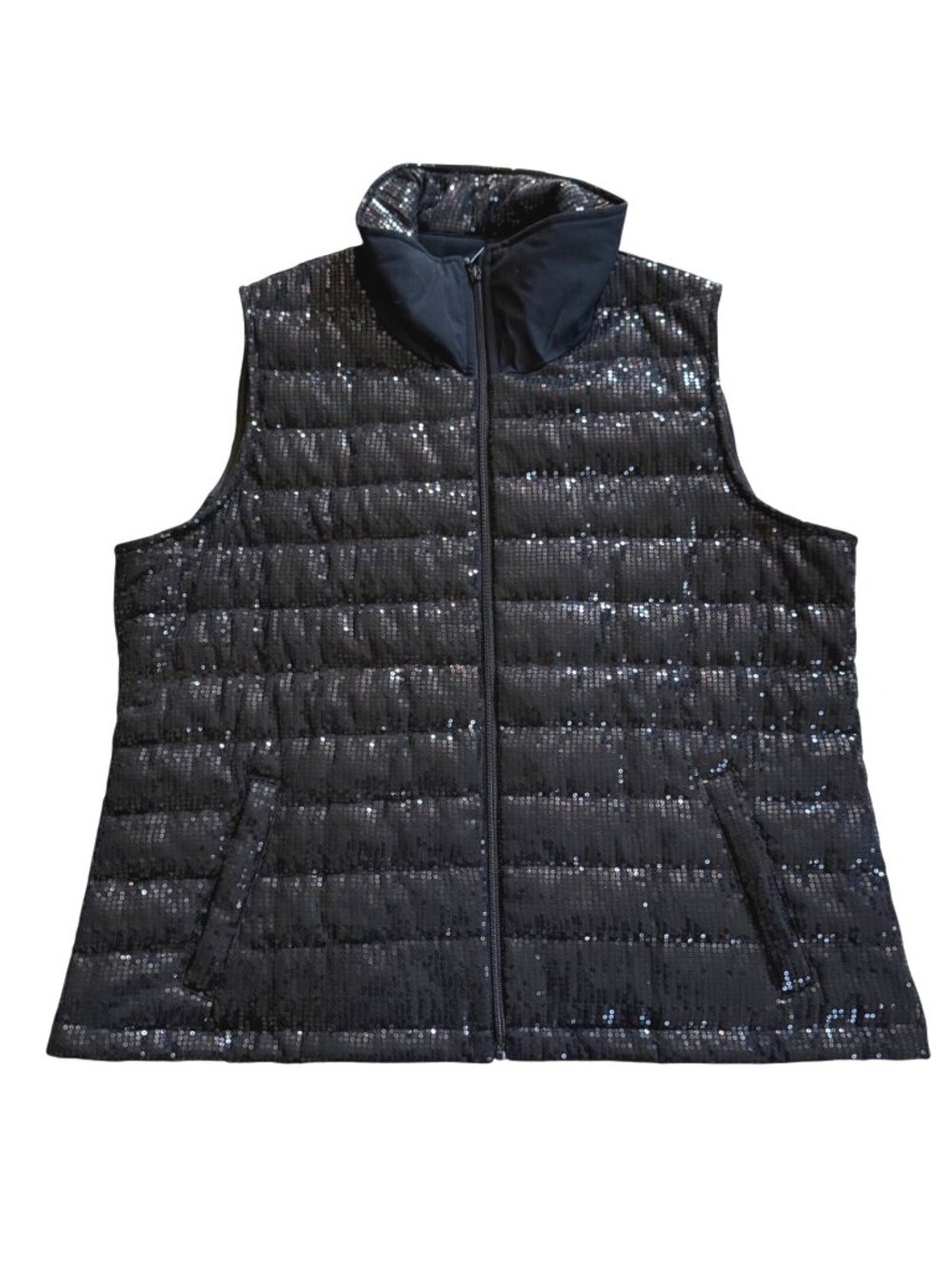 Laura Ashley Women's Puffer Vest XL Black Sequin Quilted Full Zip Holiday Glam
